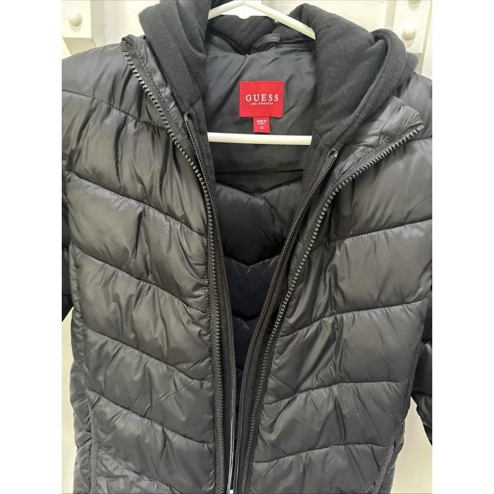 GUESS Los Angeles Boys Hooded Black Puffer Jacket Nylon Zip Size 12